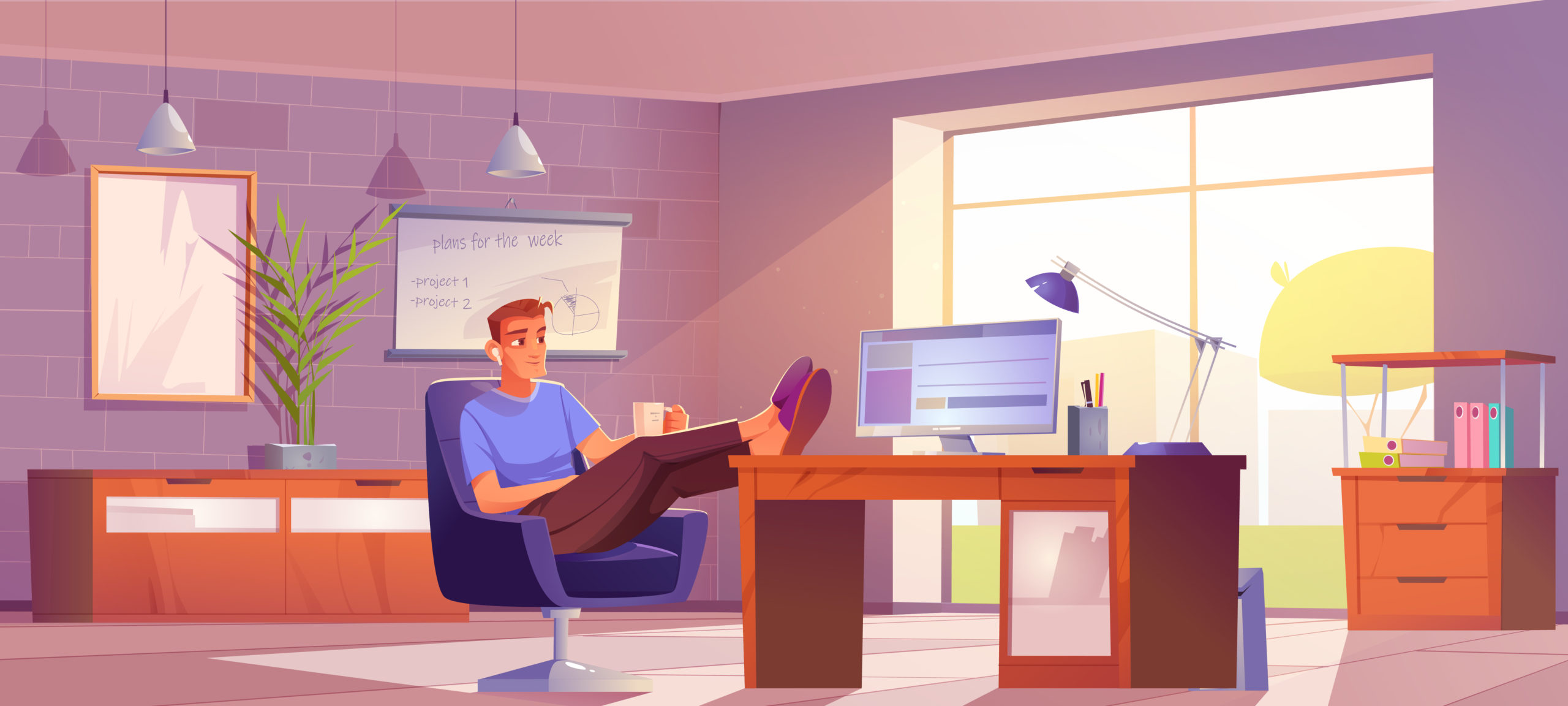 Freelancer at home office relaxed man at workplace